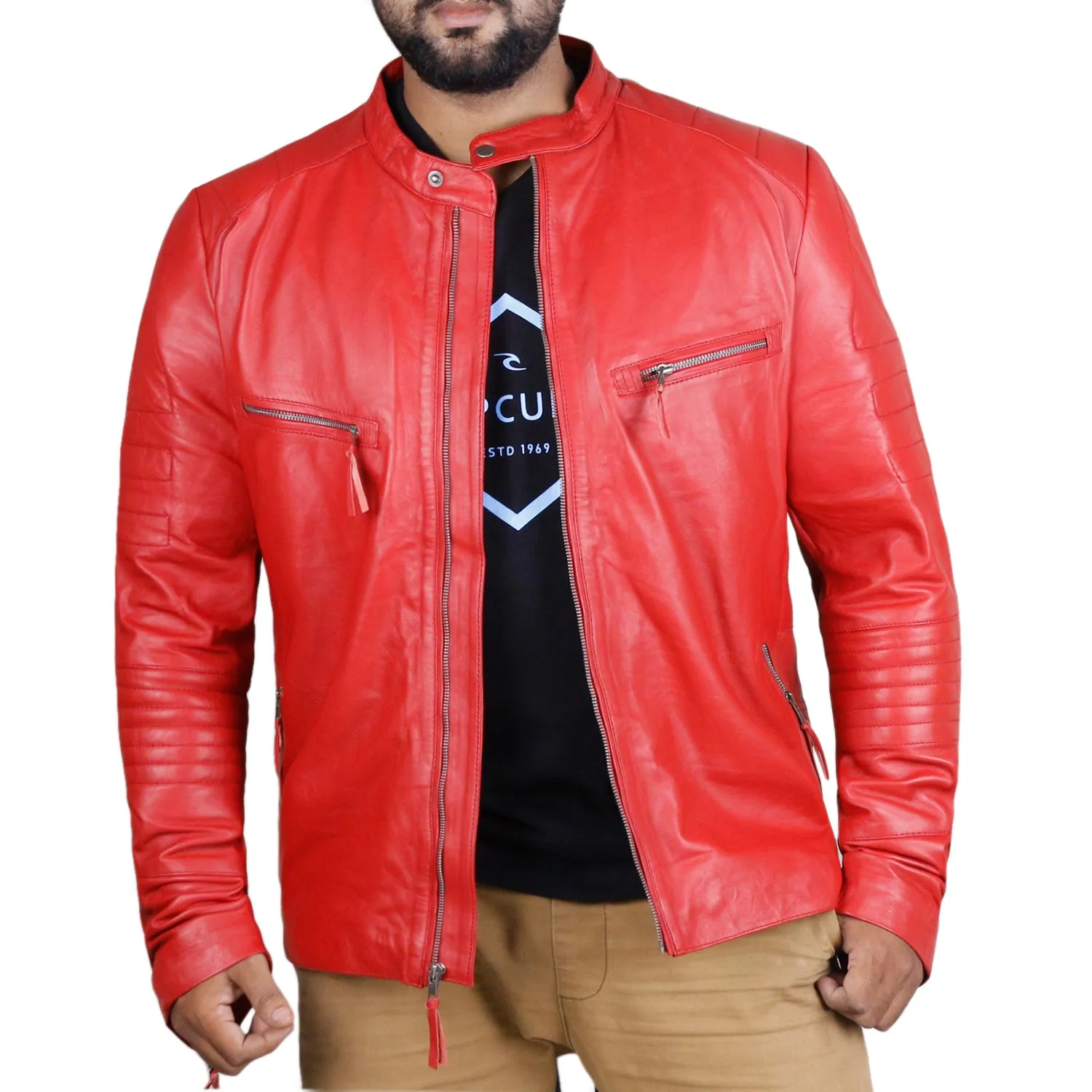Leather Jackets Hub Mens Genuine Lambskin Leather Jacket (Black, Racer Jacket) - 1501025