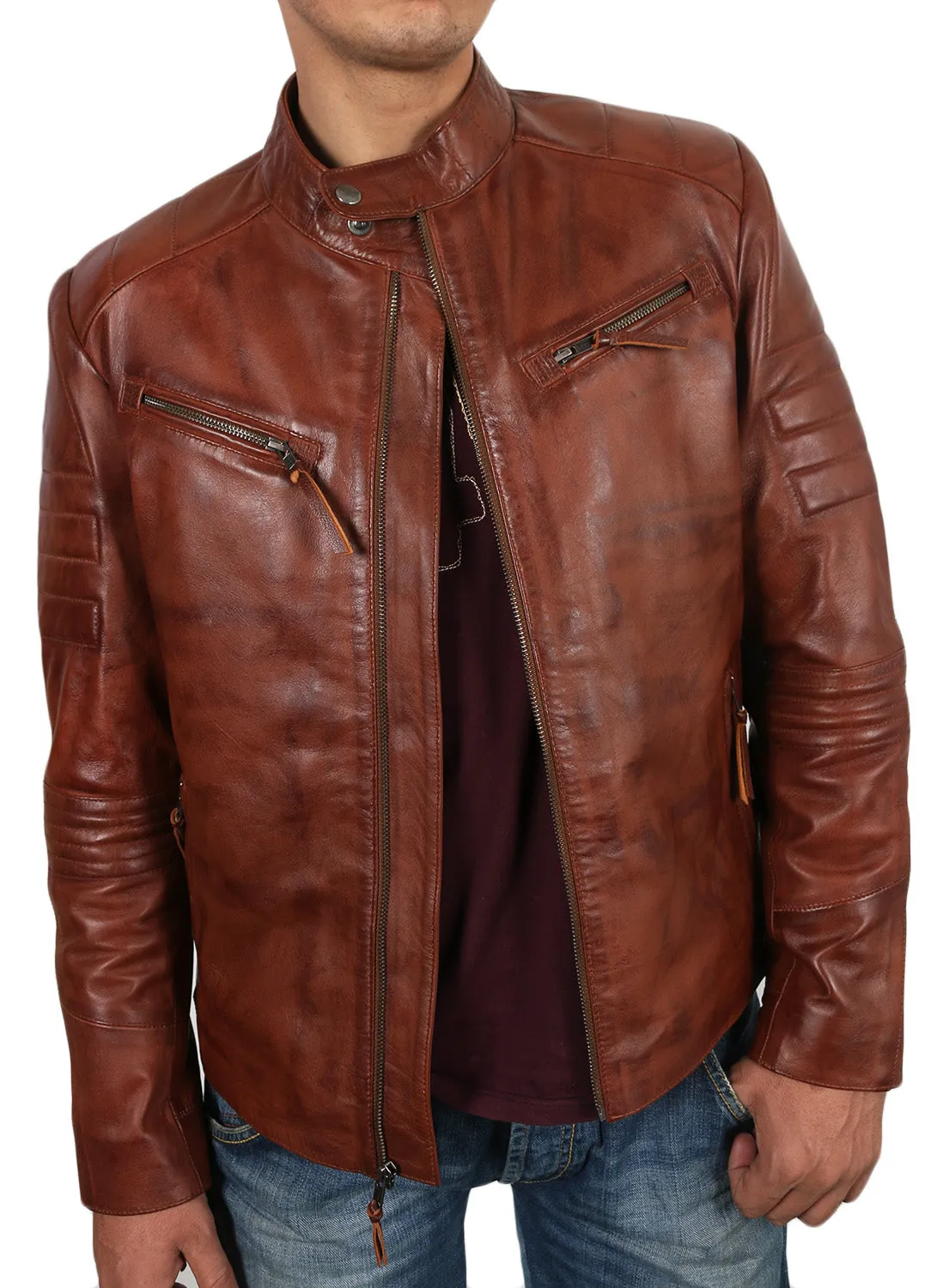 Leather Jackets Hub Mens Genuine Lambskin Leather Jacket (Black, Racer Jacket) - 1501025