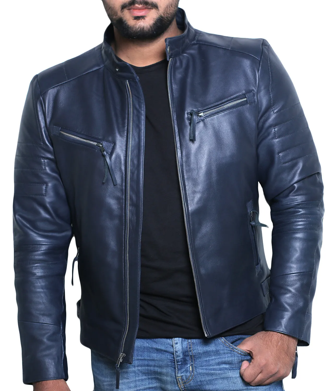 Leather Jackets Hub Mens Genuine Lambskin Leather Jacket (Black, Racer Jacket) - 1501025