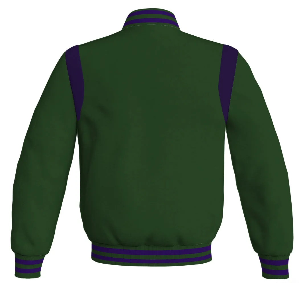 Letterman Baseball Bomber Retro Jacket Forest Green Body Purple Leather Inserts