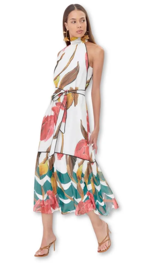 Maisy Neck Tie Print Tiered Maxi Dress