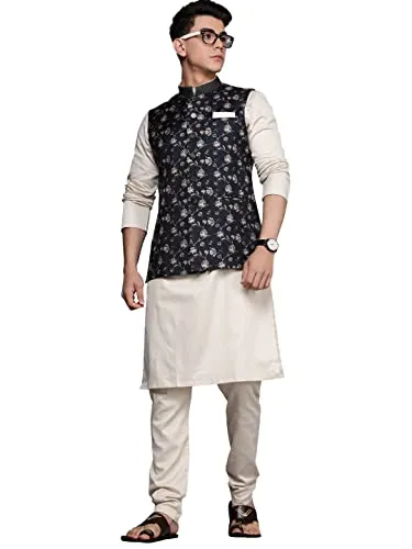 Manyavar Kurta Jacket Set for Men, Full Sleeves Mandarin Collar Ethnic Kurta Jacket Set Viscose Blend (Black, L)