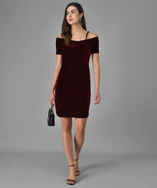 Maroon Velvet Mini Bodycon Dress Short Sleeve Solid Pattern