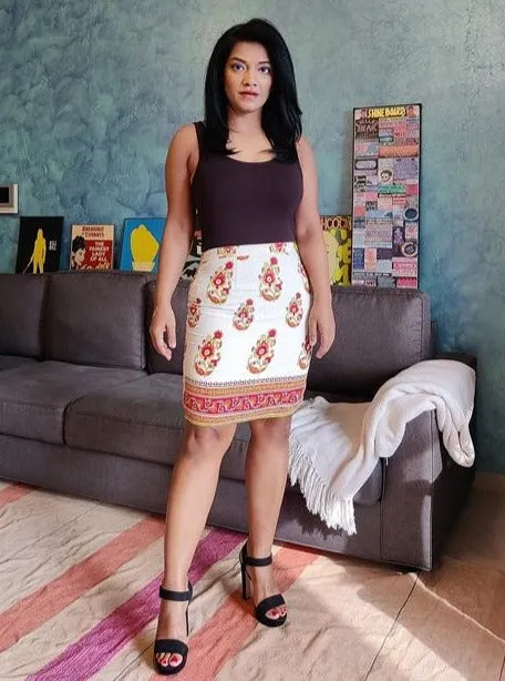 Off White Printed Cotton Pencil Skirt