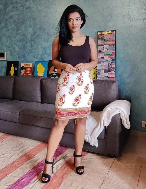 Off White Printed Cotton Pencil Skirt