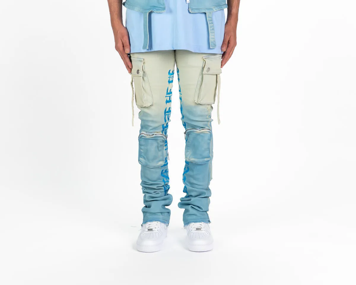 Pheelings NEVER LOOK BACK CARGO FLARE STACK DENIM (SKY BLUE GRADIENT)
