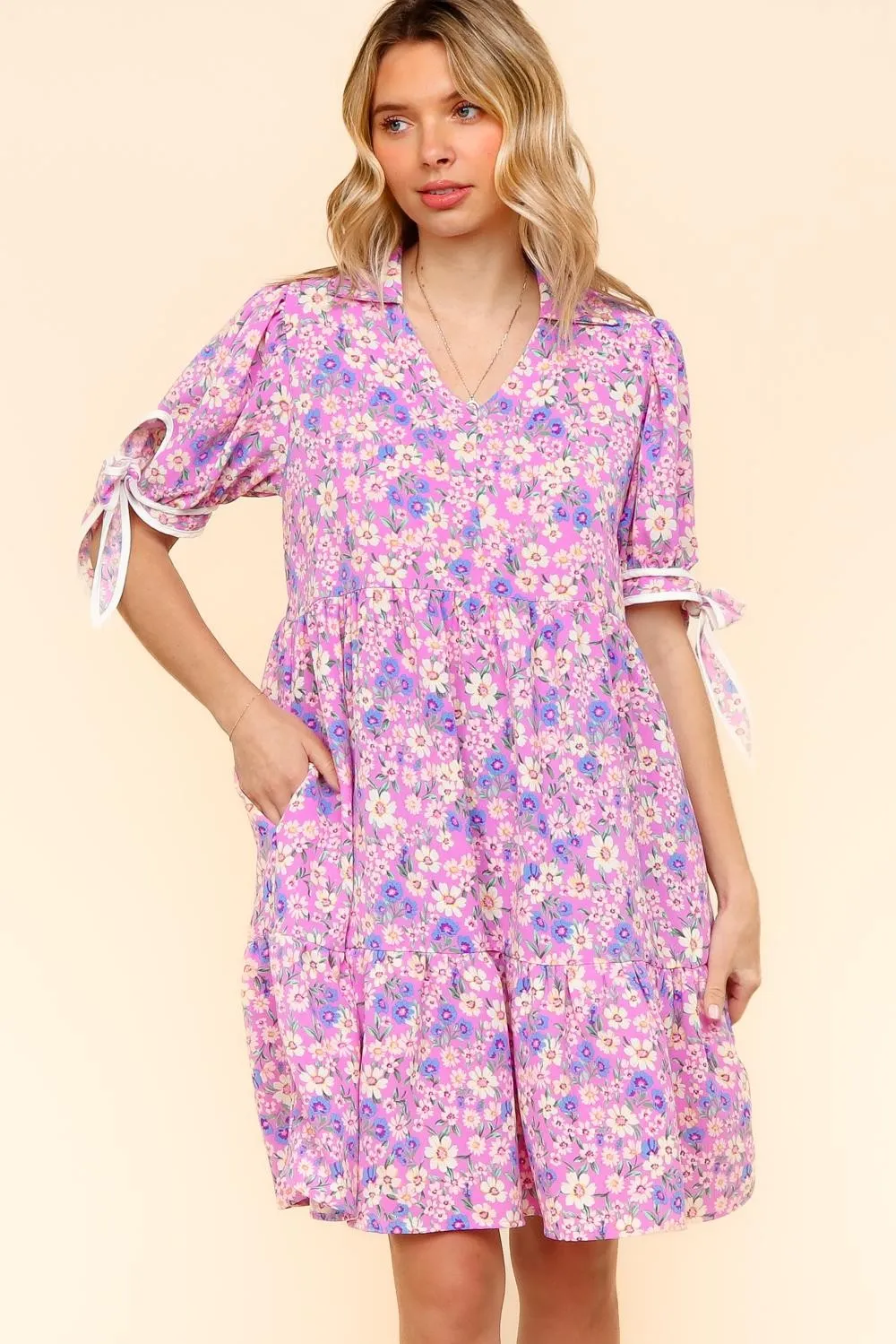 PLUS KNEE LENGTH DRESS W/ BOW TIE SHORT SLEEVES