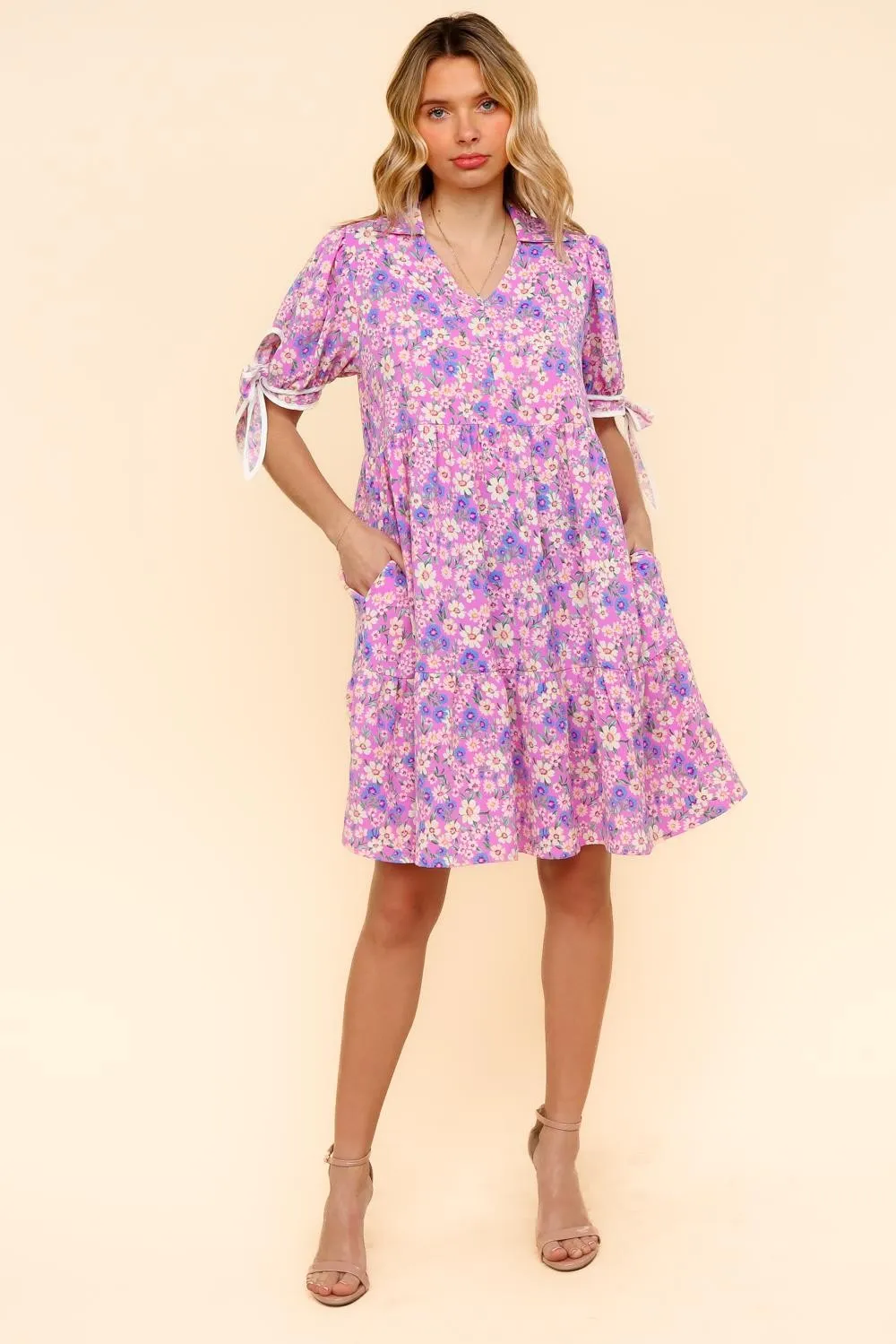 PLUS KNEE LENGTH DRESS W/ BOW TIE SHORT SLEEVES