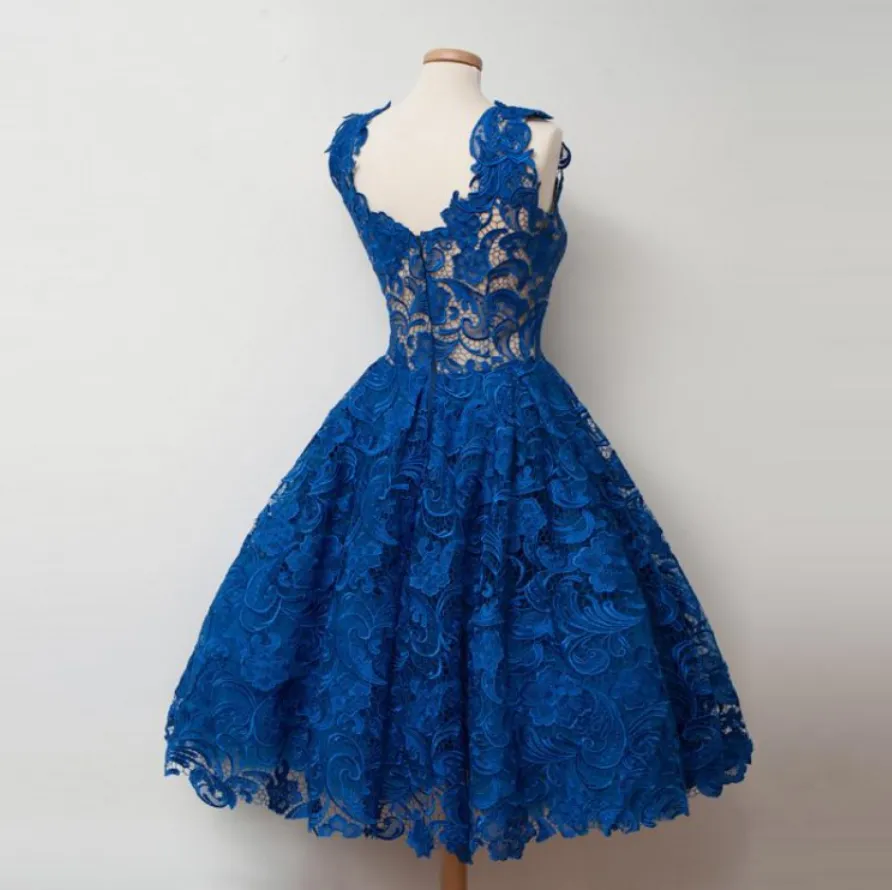 Royal Blue Lace Vintage Style Short Prom Dress Vintage Homecoming Dress