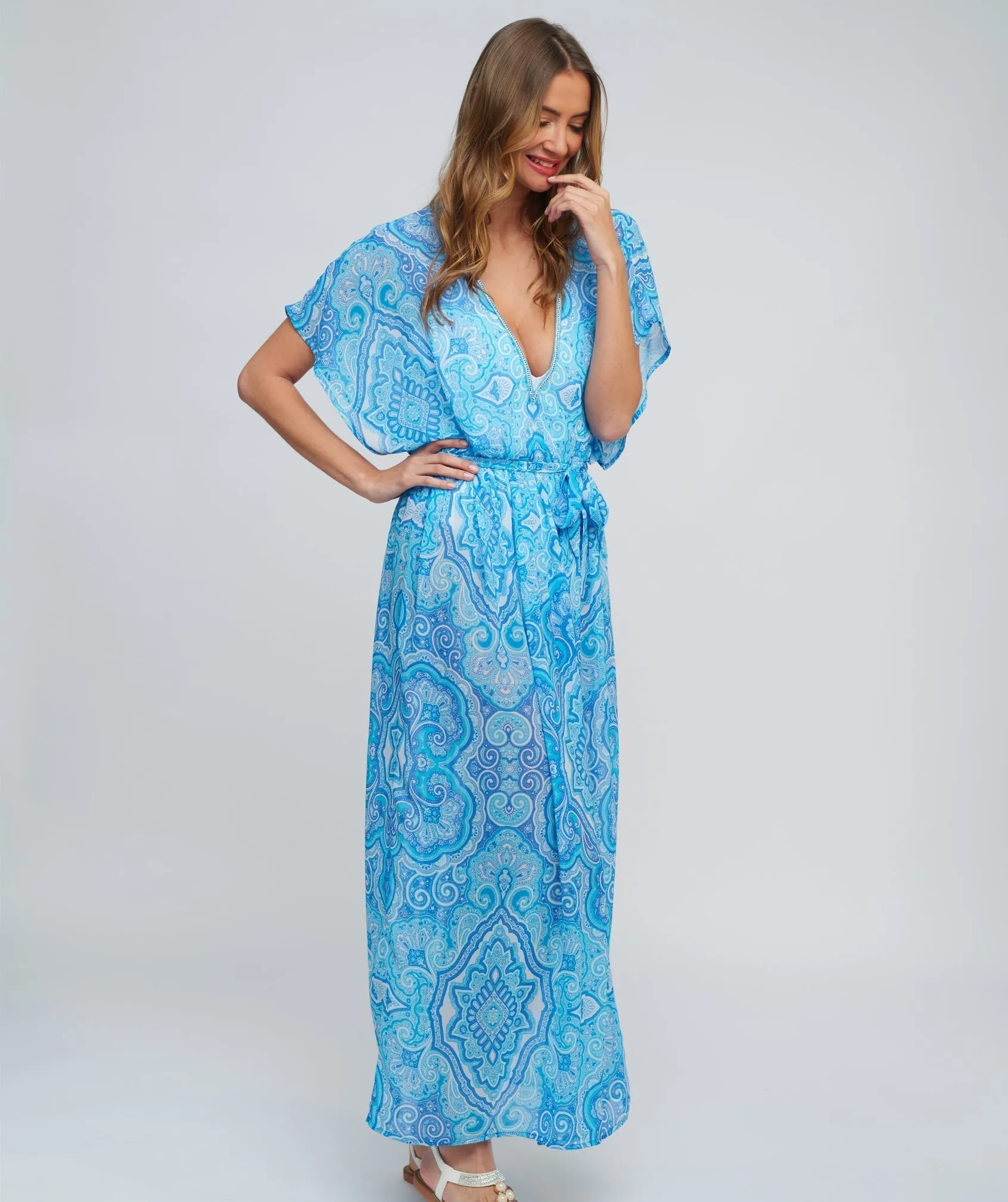 Sky Blue Paisley Print Maxi Dress