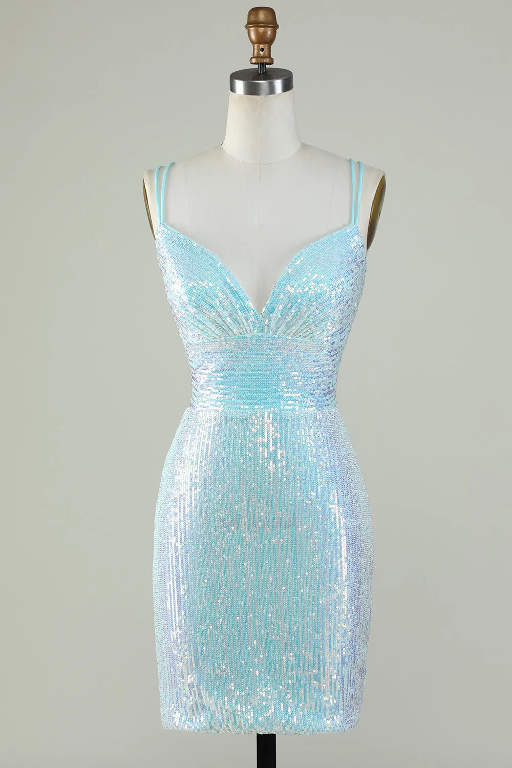 Sparkly Light Blue Sheath Sequins Short Homecoming Dress with Criss Cross Back