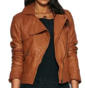 Stylish Women's Brown Wide Collar Leather Jacket, Fashion Leather Jacket Women