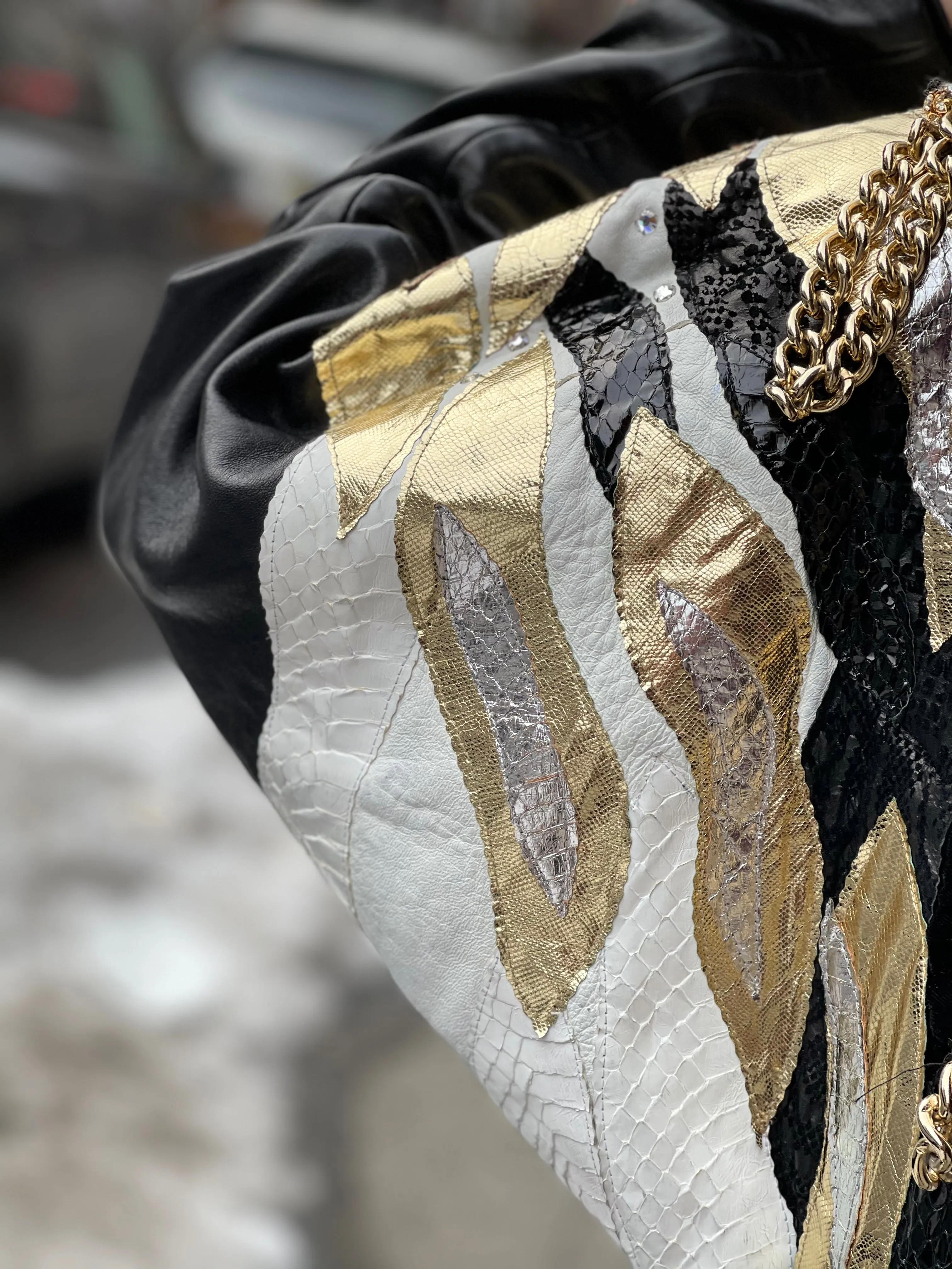 Vintage 80s Leather Fringe Metallic Rhinestone Sequin Zebra Jacket